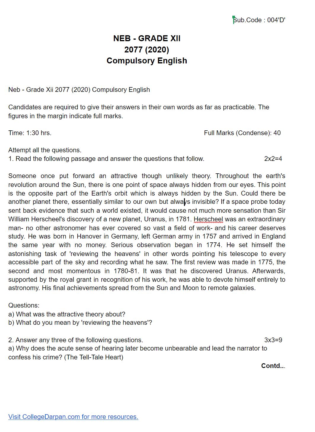 Neb - Grade Xii 2077 (2020) Compulsory English